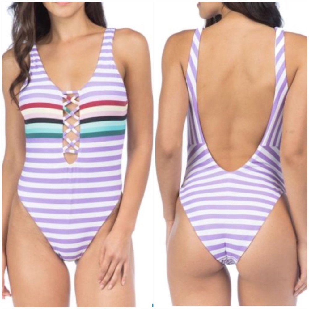 NWT Bikini Lab Swimsuit Stripeout Plunge One Piece - Picture 3 of 6